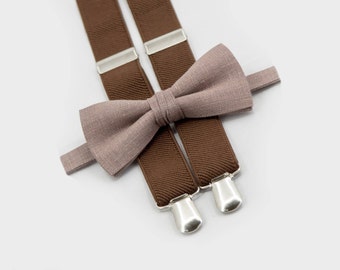 Tan Bow Tie & Brown Suspenders, Toddler Suspenders And Bow Tie, Toddler Wedding Outfit