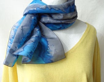 blue and gray silk scarf, hand dyed silk scarf, elegant silk scarf,handmade silk scarf, gift for her