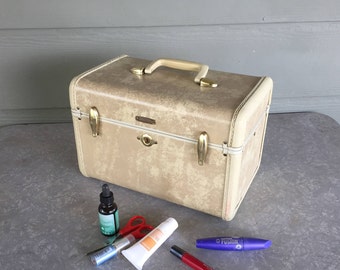 Vintage train case Samsonite Streamlite 1940s Natural Rawhide champagne marble color