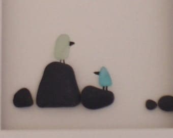8 x 10 Pebble Birds, Beach Glass Birds, Original Pebble Art with Hand Made frame in your choice of stain color by Jodi Bolger