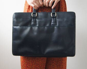 80's dark royal blue double zipper briefcase vintage handbag