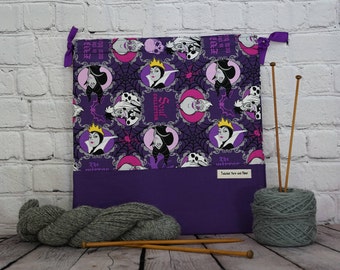 Disney Villains Bag, "Evil is the new black", Knitting Bag, Crochet Bag, Yarn Bag, Drawstring project bag, Project Bag, Sock knitting bag