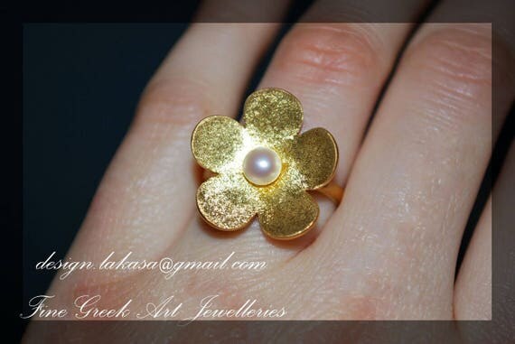 Flower Pearl Ring Sterling Silver Gold plated Handmade Jewelry Woman Moda Fashion Anniversary Best Ideas Gifts Mother Mommy Girlfriend Love
