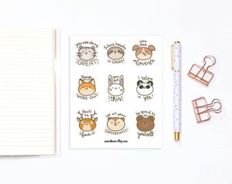 Self care stickers - 9 cute animal stickers with self-care motivational quotes, planner stickers, bullet journal stickers, decorative
