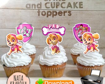 Skye Paw Patrol Cupcake topper - digital file. Pink Paw Patrol Cake Topper. Paw Patrol party supplies. Paw Patrol birthday