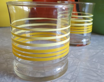 Vintage Juice Glasses! Yellow Striped Pair! 4 inches High and Adorable!