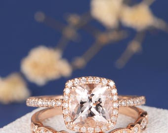 Morganite Engagement Ring Set Rose Gold Cushion Cut Halo Diamond Art Deco Wedding Band Women Eternity Antique Unique Bridal Set Pave 2pcs