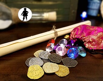 20pc Treasure Gift Bag and Pirate Story - Build Yer Treasure Mermaid Pirate Party Favors Pirate Decorations Pirate Coins Caribbean Pirate