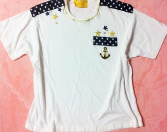 90s Vintage White Nautical T Shirt / White Vintage Nautical Shirt Top