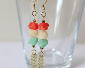 Gemstone Earrings,Turquoise Blue, Red & White,Pierced Earrings, dangle earrings, Everyday Jewelry, Nickel Free, 18k Gold Plated