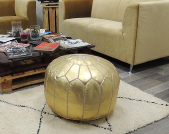 Gold leather pouf,moroccan handcrafted leather pouf, ottoman leather pouf
