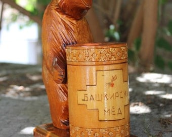 Bear in a barrel with honey / wood carving/ handmade/ USSR