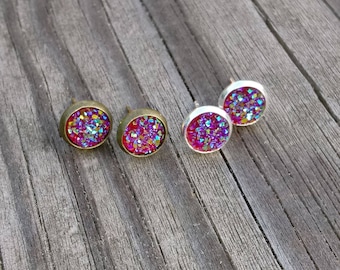 8mm Red Color Shifting Faux Druzy Earrings (choice of bronze or silver) / Druzy Posts / Druzy Studs / Earring Posts / Earring Studs / Gems