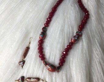 Heartfelt red cloisonne necklace with matching earrings