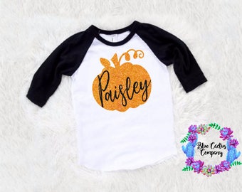 SALE Custom name glitter pumpkin shirt -FREE SHIPPING-halloween shirt- fall shirt - picture shirt -baby girl -toddler girl - fall gift shirt