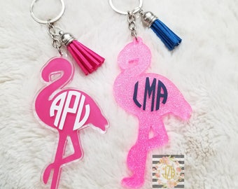 Flamingo monogram keychain, flamingo keychain, monogram keychain, flamingo, keychain with tassel, gifts for her, backpack charm, monogram