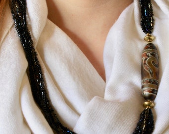 Hand Crafted Necklace with African Trade Bead, Brass Findings & Tube Beads