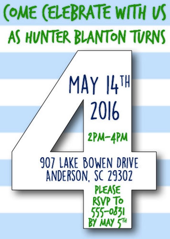 Number 4 Birthday Invitation Customizable to any color and