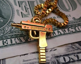Gold Plated Supreme Uzi Chain | Pendant & Free Necklace | 52 cm Hip Hop Chain | Free Sticker