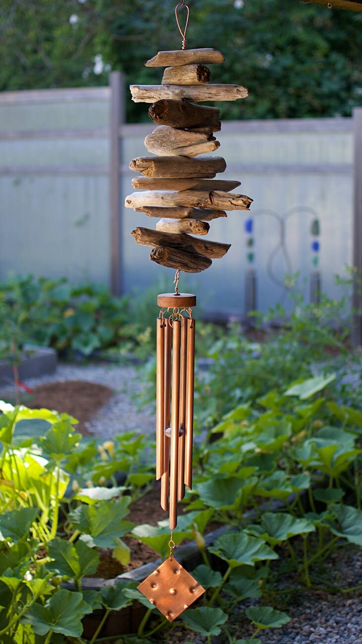 Outdoor Wind Chime Natural Driftwood Large Copper Chimes