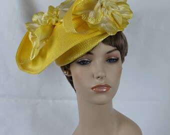 Vintage Hat Bright Yellow Straw Church Lady Hat by Ann Marie Sz 22.5