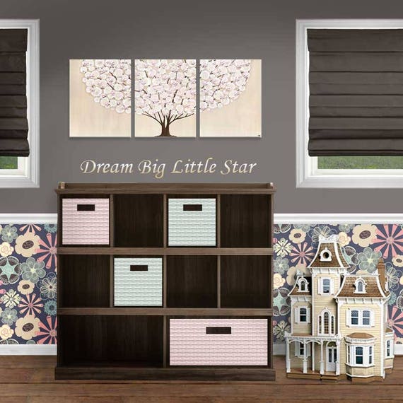 Tree Nursery Art Original Painting on Canvas Triptych in Pink