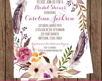 Custom Printed Floral Boho Bridal Shower Invitations - Bridal Party Invitation - 1.00 each with envelope