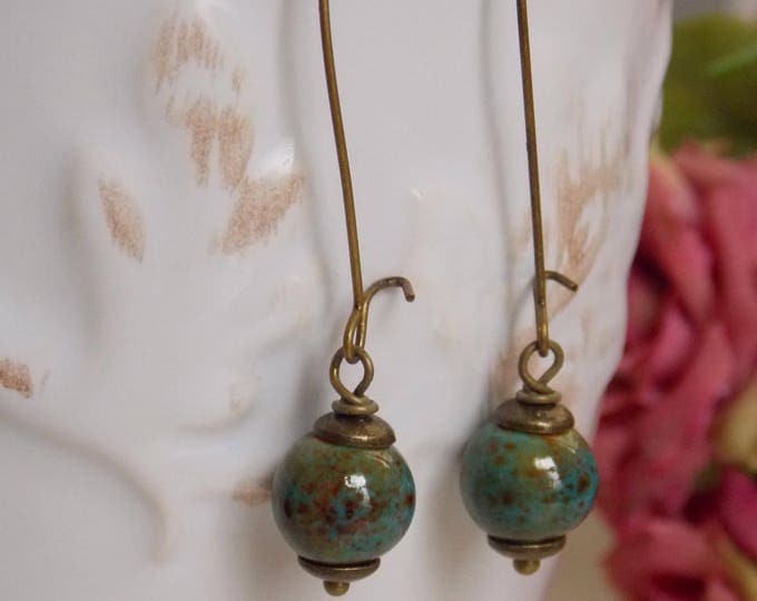 Green Ceramic Earrings Ceramic Robins Egg Brass Rustic Boho Earrings Bohemian Earrings Dangle Drop Woodland Jewelry