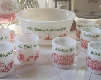 Vintage Hazel Atlas Tom and Jerry Christmas Punch Bowl 9 Cups Auld Lang Syne Glass