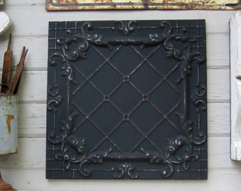 Antique Ceiling Tin Tile. FRAMED 2x2. Fantastic architectural salvage. Black Metal wall decor. Old pressed tin.
