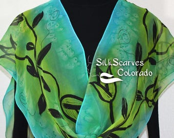 Silk Scarf Hand Painted Silk Shawl Sage Green Lime Hand Dyed Silk Scarf FLOWER FAIRY Extra Long 11x90 Birthday Gift Scarf Gift-Wrapped Scarf