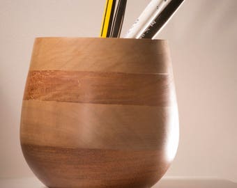 Mahogany and Walnut Banded Vase 9.5cm Diameter