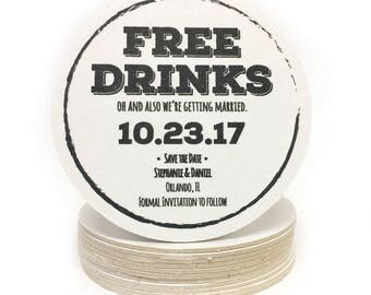 Heavyweight FREE DRINKS Personalized Paper Coasters - Perfect for Save the Dates, Weddings Invites, Engagement Party, Shower
