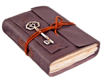 Dark Brown Leather Journal with Tea Stained Paper - Reproduction Key - Journal - Diary - Travel Journal - Handmade Journal - Ready to Ship