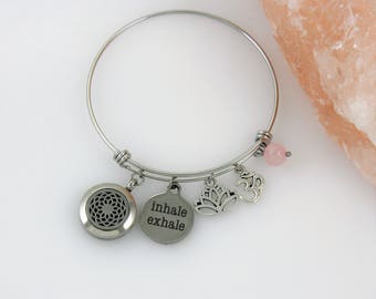 Inhale Exhale Essential Oil Bracelet - Aromatherapy Bracelet - Diffuser Bracelet - Breathe Bracelet - Rose Quartz - Mandala Diffuser - Yoga