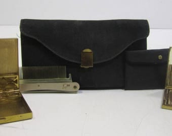 Vintage American Beauty By Elgin American Gold Tone Cigarette Case Powder Compact Comb & Storage Bag