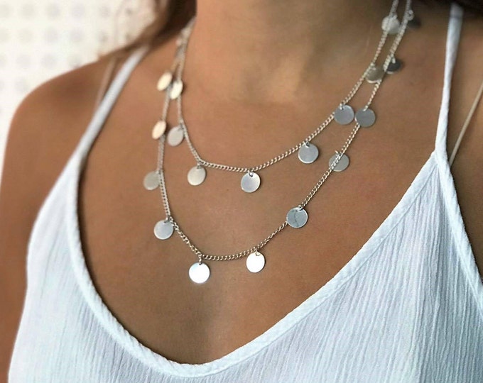 Long coin necklace,Circle necklace,disc long necklace,long silver necklace,layered necklace,Coin long Necklace, Coin Charm Necklace