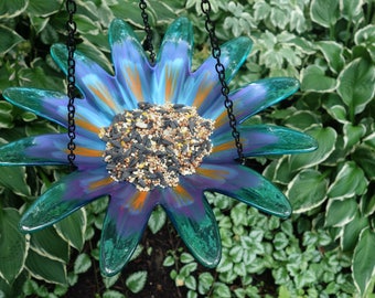 Large BLUE Hanging Bird Feeder Bird Bath, Recycled Glass
