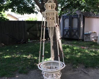 Vintage 70s macrame double hanging plant holder woven boho bohemian beaded hanger patio fiber art hanging potted plant stand