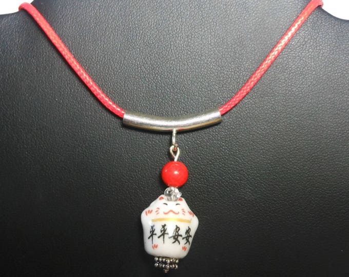 FREE SHIPPING Maneki Neko good luck necklace, Kawaii cat bead, Swarovski crystal and red coral bead, red cord, Kanji Japanese symbols