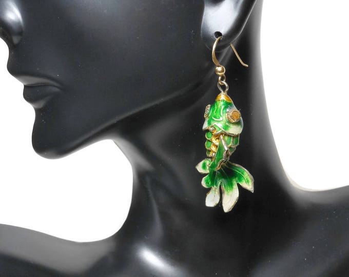 Enamel Koi fish earrings, Chinese good luck charm, green cloisonne fish, articulated moveable, pierced french hook, enamel rhinestone eyes