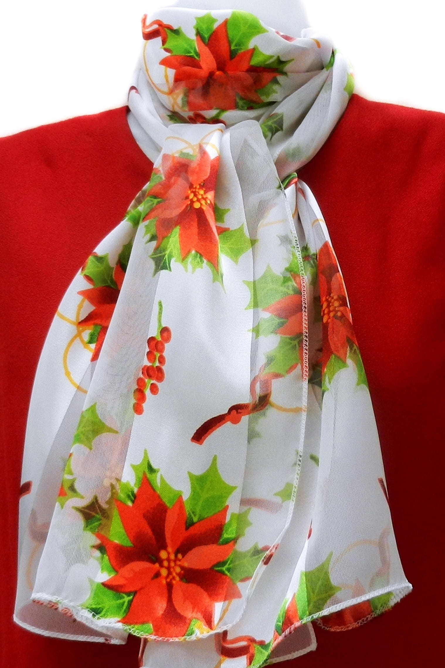 Silk Feel Christmas Scarf Poinsettias Berries & Curling