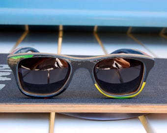 Green blue yellow white black natural recycled skateboard wood sunglasses, wayfarer style, men sunglasses, women sunglasses