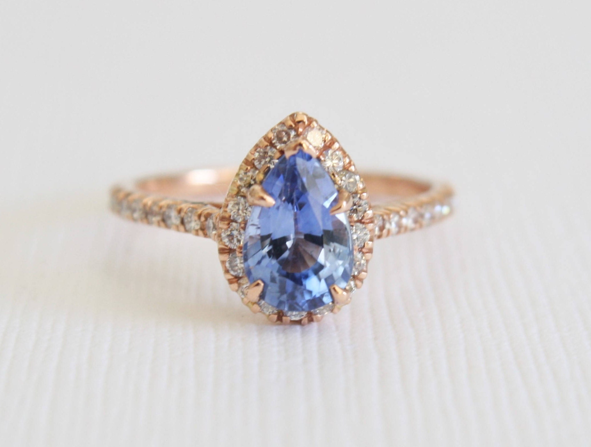 Pear Cut Periwinkle Blue Sapphire Diamond Halo Ring in 14K