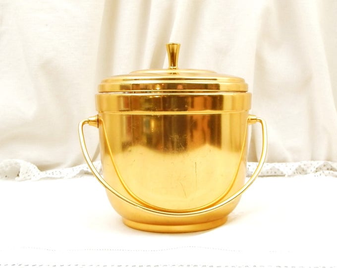 Vintage French Mid Century Gold Colored Anodized Aluminum Ice Bucket by Thermid Paris, 1960s Cocktail Ice Cube Barrel, Barware France