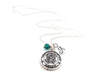 United States Army Charm Necklace - Birthstone Necklace - Personalized Necklace - Initial Necklace - Sterling Silver Necklace - Gift For Her