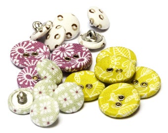 Fabric Covered Buttons · 19 Fabric Buttons · Flower Print Fabric Buttons · Lime Green Fabric Button · Purple Fabric Button