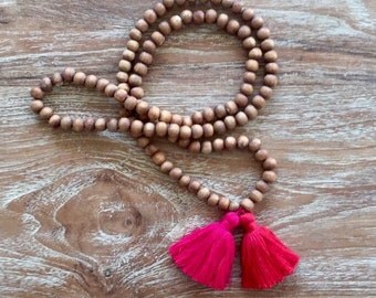 ZEN Double Tassel Beaded Necklace - two chunky cotton tassels with Wooden Beads