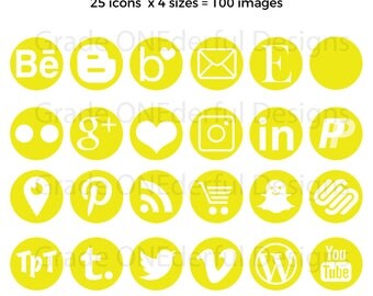 Yellow Social Media Icons, Gold Social Media Icons, Round Yellow Icons, Round Social Icons, Yellow Blog Buttons, Business Card Icons