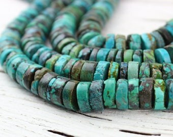 Natural Turquoise Large Heishi Tyre Disc Wheel Rondelle Beads, Genuine Turquoise, Boho Hippie, H31, 12mm, 16" Strand